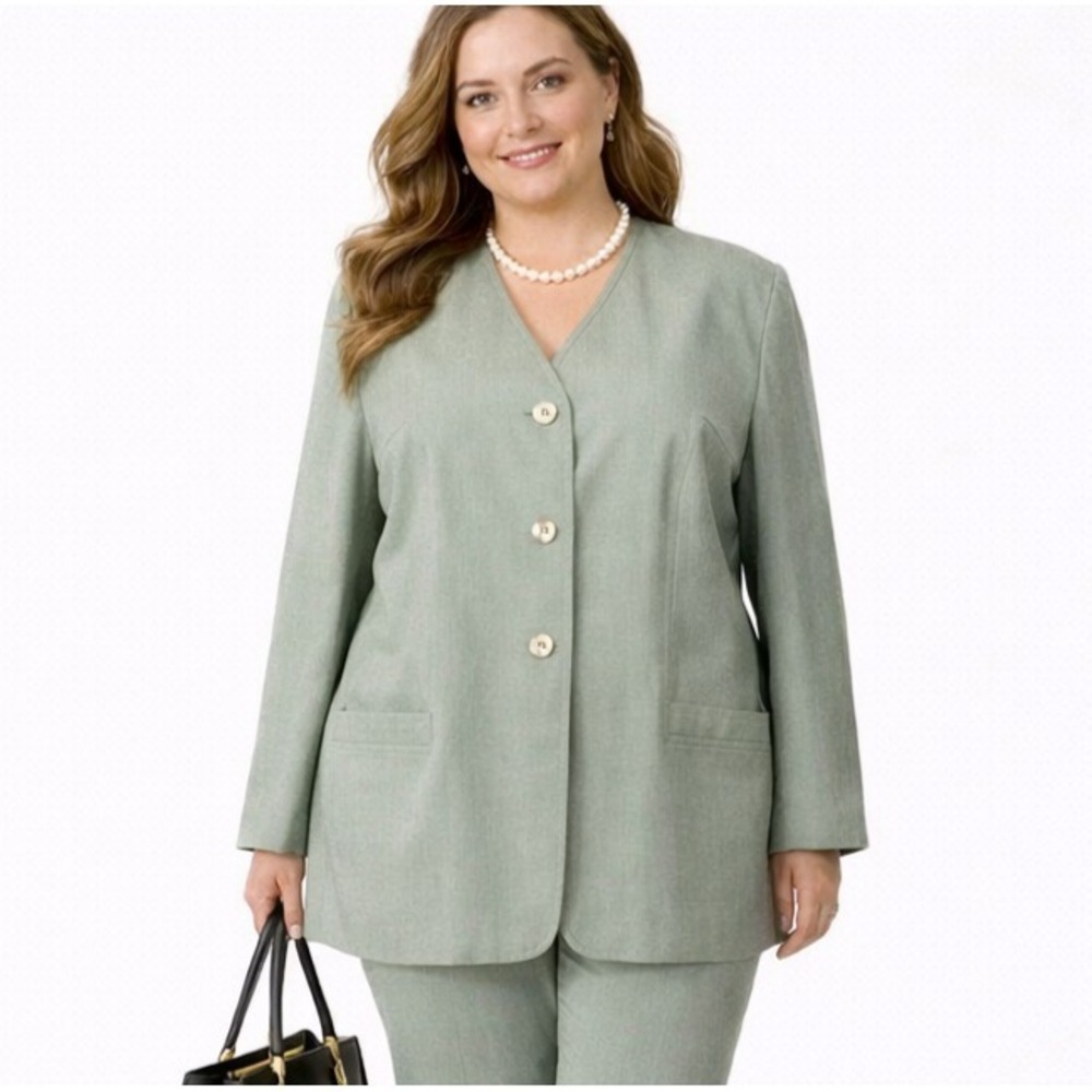 Vtg DRESSBARN Size 20W Sage Green Collarless V-Neck Twill Office Blazer Jacket